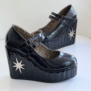 T.U.K. Black Stardust Lux de Ville Goth Girl Platform Mary Jane Wedges Heels